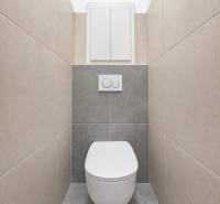 Minimalistisches Badezimmer mit Wand-WC und Fliesen in einer Zweizimmerwohnung.