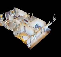 3D-Visualisierung einer 3-Zimmer-Wohnung mit Holzboden-Dekor.