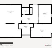Grundriss einer 3-Zimmer-Wohnung mit Wohnzimmer und Küche, zwei Badezimmern und einer Diele.