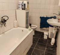 Ein Badezimmer in einem Einfamilienhaus mit einer Badewanne, einem Waschbecken und Fliesen mit dunklem Muster.