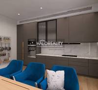 Küche in einer 4-Zimmer-Wohnung mit modernen Geräten, blauen Stühlen und einem Boden in Holzoptik.