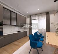 Moderne Küche in einer 4-Zimmer-Wohnung mit stilvollen Möbeln und einem Holzboden.