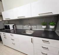 Küche mit Geräten und Kräutern in einer 4-Zimmer-Wohnung, weiße Einheit, graue Arbeitsplatte.