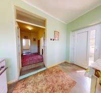 Flur mit Teppichen und Tisch in einem Einfamilienhaus, grüne Wände, große Glastüren.