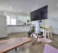 Küche in einem Einfamilienhaus mit weißen Möbeln, dekorativen Pflanzen und einem Boden in Holzoptik.