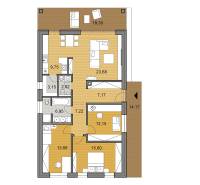 Grundriss eines Einfamilienhauses mit Holzboden und geräumigen Zimmern.