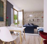 Wohnzimmer in einem Einfamilienhaus mit Holzboden und Steinwänden.