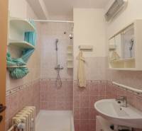 Badezimmer in einer 2-Zimmer-Wohnung mit rosa Fliesen, Waschbecken und Duschkabine.