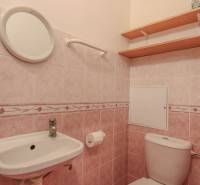 Badezimmer mit rosa Fliesen und Sanitäranlagen in einer 2-Zimmer-Wohnung.