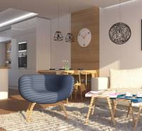 Wohnzimmer in einem Einfamilienhaus mit Teppich, Sessel und Esstisch, Boden mit Holzdekor.