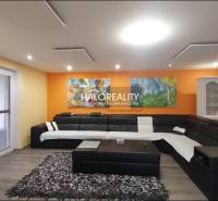 Wohnzimmer in einem Einfamilienhaus mit geräumigem Sofa und Zeichnungen an der orangefarbenen Wand.