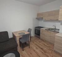 Küche in einer Einzimmerwohnung mit Holzdekor auf dem Boden und Möbeln.