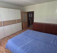 Schlafzimmer in einer Einzimmerwohnung mit Holzboden und praktischem Möbel.