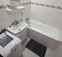 Badezimmer mit Badewanne und Waschmaschine in einer Einzimmerwohnung, helle Fliesen und Stauraum.