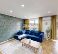Wohnzimmer in einer 3-Zimmer-Wohnung mit einem blauen Sofa und einem Boden in Holzoptik.