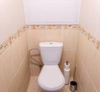 Toilette mit beigen Fliesen und Teppich in einer 4-Zimmer-Wohnung.
