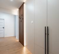 Der Flur in einer 3-Zimmer-Wohnung mit einer hellen Wand und einem Boden in Holzoptik.