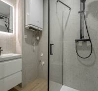 Badezimmer mit Duschkabine und Boden mit Holzdekor in einer 3-Zimmer-Wohnung.