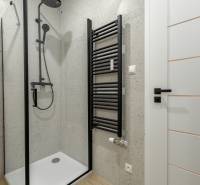 Duschkabine mit schwarzem Duschset und Heizkörper im 3-Zimmer-Wohnung.
