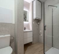 Badezimmer in einer 3-Zimmer-Wohnung mit Holzboden und Duschkabine.