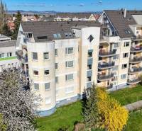 Wohnhaus in der E. Belluša-Straße in Piešťany mit blühenden Bäumen, geeignet für eine 3-Zimmer-Wohnung.