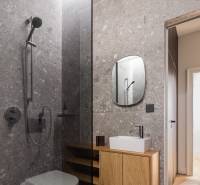 Badezimmer mit Dusche, Steinwänden und Waschbecken in einer 4-Zimmer-Wohnung.