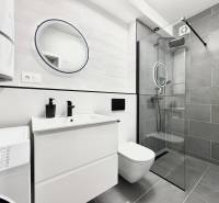 Badezimmer in einer Einzimmerwohnung mit modernen grauen Fliesen und einer Duschkabine aus Glas.