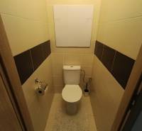 Badezimmer in einer 4-Zimmer-Wohnung mit Toilette und Fliesen, ergänzt durch einen hellen Teppich.