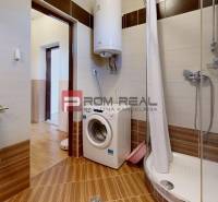 Badezimmer in einem Einfamilienhaus mit Waschmaschine, Duschkabine und Boden mit Holzdekor.