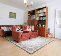 Wohnzimmer eines Einfamilienhauses mit Sofa, Sesseln und Bücherregal auf einem Boden mit Holzdekor.