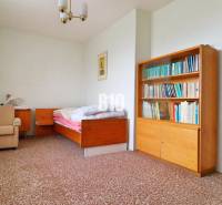 Ein Zimmer in einem Einfamilienhaus mit einem Bett, einem Bücherregal und einem Sessel auf einem Teppich.