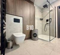 Badezimmer in einer 4-Zimmer-Wohnung mit WC, Dusche und Boden mit Holzdekor.