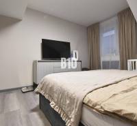Schlafzimmer in einer 4-Zimmer-Wohnung mit Fernseher, Bett und Holzboden.