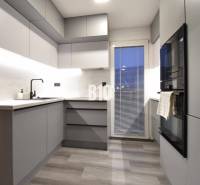 Stilvolle Küche mit grauen Möbeln in einer 4-Zimmer-Wohnung, Boden mit Holzdekor.