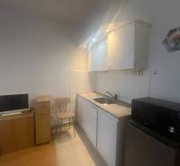 Küchenecke in einem Einzimmerapartment mit Mikrowelle, Kühlschrank und Stuhl.