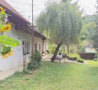 Ein Einfamilienhaus in Krivosúd-Bodovka mit einem gepflegten Garten und einer Bank unter dem Baum.