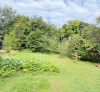 Der Garten des Einfamilienhauses in Krivosúd-Bodovka, umgeben von Grün und Bäumen.