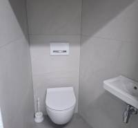 Badezimmer in einem Einfamilienhaus mit Toilette, Waschbecken und weißen Fliesen.