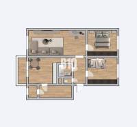 Grundriss einer 3-Zimmer-Wohnung mit Holzbodenoptik und praktischer Raumaufteilung.