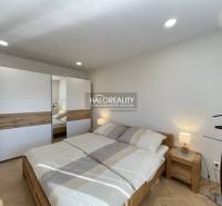 Helles Schlafzimmer in einer Einzimmerwohnung mit Holzboden und Einbauschrank.