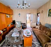 Wohnzimmer in einer 3-Zimmer-Wohnung mit Holzelementen, Teppich und Sofas.