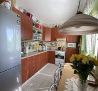 Rustikale Küche in einer 2-Zimmer-Wohnung mit Esstisch und vollen Regalen.