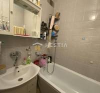 Badezimmer mit Dusche und Waschbecken in einer 2-Zimmer-Wohnung mit weißen Fliesen.