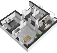 Wohnzimmer und Küche in einer 2-Zimmer-Wohnung mit Holzboden.