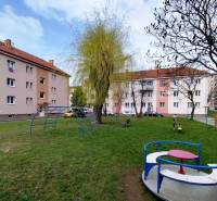 Spielplatz mit Klettergerüsten und Bäumen in der Mierová-Straße in Sabinov, vor einer 2-Zimmer-Wohnung.