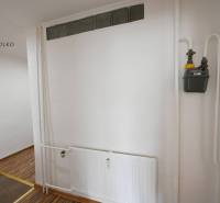 Ein Interieur mit weißer Wand, Heizkörper und Boden mit Holzdekor in einer 2-Zimmer-Wohnung.