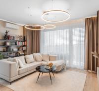 Wohnzimmer mit Holzboden in einer 3-Zimmer-Wohnung, bequeme Couch, Bücherregal.