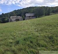 Ein grasbewachsener Hang mit Gebäuden im Hintergrund, umgeben von Natur in Horný Tisovník, ideal für Grundstücke - Wohnen.