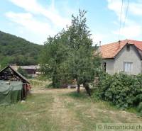 Ein Einfamilienhaus in Šiatorská Bukovinka mit Obstbaum, Weinrebe und Holzschuppen in der Nähe des Waldes.