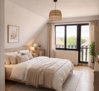 Helles Schlafzimmer mit Holzdekorboden in einem Einfamilienhaus voller eleganter Details.